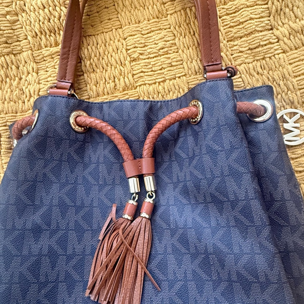 Michael Kors Blue and Brown Shoulder Bag with Monogram Pattern